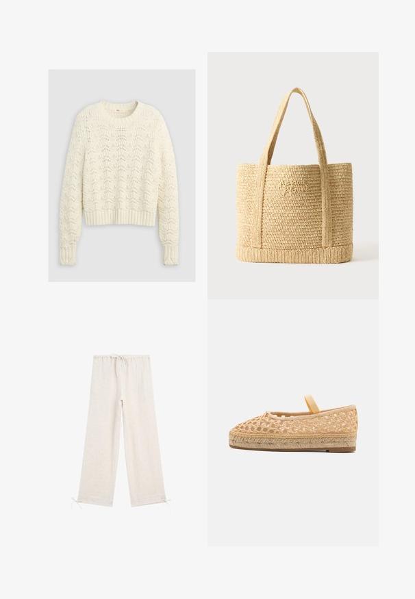 Flødefarvet strikket sweater med et struktureret, indviklet hulmønster samt ribbet kant ved ærmer og bund.; Lysebeige vidde bukser i hør med elastisk talje, bindebånd ved taljen og ved benenden, vist på hvid baggrund.; Loeffler Randall KAYLA - Espadrilles - natural; Beige flettet stråtaske med to skulderstropper og subtil kursiv broderi foran, sat mod en ensfarvet baggrund.