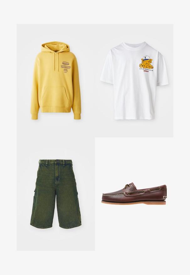 Gelbe Baumwoll-Hoodie mit Kängurutasche. Mit einem Grafikdruck auf der Brust und einer Kapuze mit Kordelzug. Gerippte Bündchen und Saum.; Weißes Baumwoll-T-Shirt mit kurzen Ärmeln, das ein gelbes Cartoon-Leoparden-Design mit einer Kappe, dem Text "CASUAL SPORTS CLUB" und dem Adidas-Logo zeigt.; Grüne Jeans-Cargo-Shorts mit lockerem Schnitt, ausgestattet mit seitlichen Taschen und einem Knopfverschluss. Mit einem abgenutzten Look und geradem Schnitt.; Brauner Leder-Bootsschuh mit weißen Nähten, Schnürdetails und hellbrauner Gummisohle, seitlich auf weißem Hintergrund gezeigt.