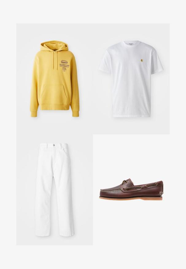 Gelbe Baumwoll-Hoodie mit Kängurutasche. Mit einem Grafikdruck auf der Brust und einer Kapuze mit Kordelzug. Gerippte Bündchen und Saum.; Weißes Baumwoll-T-Shirt mit kurzen Ärmeln, Rundhalsausschnitt, mit einem kleinen goldenen Logo im linken Brustbereich. Weicher Stoff und normale Passform.; Weiße Denim-Hosen mit geradem Bein, ausgestattet mit einem Frontknopf und einem Reißverschluss, fünf Taschen und einem sauberen, strukturierten Finish.; Brauner Leder-Bootsschuh mit weißen Nähten, Schnürdetails und hellbrauner Gummisohle, seitlich auf weißem Hintergrund gezeigt.
