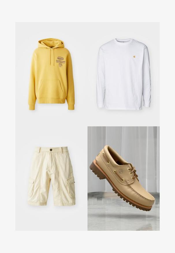 Gelbe Baumwoll-Hoodie mit Kängurutasche. Mit einem Grafikdruck auf der Brust und einer Kapuze mit Kordelzug. Gerippte Bündchen und Saum.; Weißes Langarm-T-Shirt aus Baumwolle. Mit kleinem goldenem Logo auf der Brust und Rundhalsausschnitt. Einfaches Design und normale Passform.; Knielange Cargo-Shorts aus leichtbeigem Stoff mit Knopfverschluss, zwei großen Seitentaschen und sichtbaren Nähdetails.; Hellbraune Lederbootsschuhe mit dickem, geripptem Profil und Schnürdetails, schwebend über einem Marmorboden und einem Hintergrund aus weißen vertikalen Jalousien.