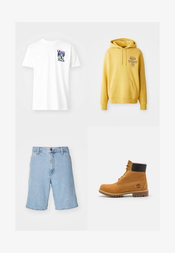 Gul bomulds hoodie med en kengurulomme. Har et grafisk print på brystet og en hætte med snor. Ribstrikkede manchetter og kant.; Hvid bomulds t-shirt med et grafisk print i lilla, der viser en siddende figur med teksten "Obey" og "Stop Worry Now!" i sort.; Lysblå denim shorts med en afslappet pasform, der har lynlås og knaplukning samt fire lommer. Stoffet har en glat tekstur.; Brune læder ankelstøvle med metaløjer, hvid pelsforing, sort polstret krave, robust sål og præget logo på siden.