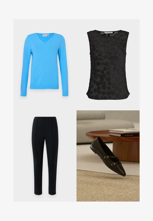 Pull bleu à col en V avec manches longues, poignets et ourlet côtelés. Texture lisse, fabriqué en matériau léger, adapté pour un usage décontracté.; Blouse noire sans manches en tissu semi-transparent avec motif texturé de points irréguliers, col rond et petites fentes latérales à l'ourlet.; Pantalons slim-fit noirs avec des plis sur le devant, taille haute et zips aux chevilles sur un fond blanc uni.; Chaussure plate noire à bout pointu avec deux fines brides à boucle flottant au-dessus d'un tapis beige, avec une table basse en bois et des livres en arrière-plan.