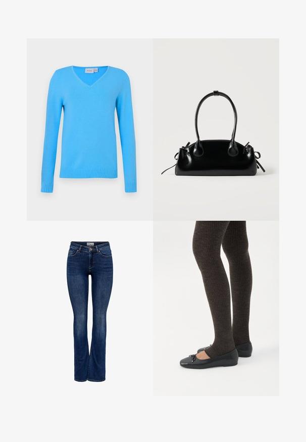 Blå v-hals sweater med lange ærmer, ribkant ved ærmer og kant. Glat tekstur, lavet af letvægtsmateriale, egnet til afslappet brug.; Mørkeblå denim jeans med let falming, fem-pockets design, knaplukning og bootcut benstil, mærket "ONLY" på linningen.; Ben iført mørke ribbede leggings kombineret med sorte balletsko med små sløjfedetaljer på hvid baggrund.; Lille sort blank håndtaske med to lange håndtag og snøre-detaljer i siden på en ensfarvet lys baggrund.