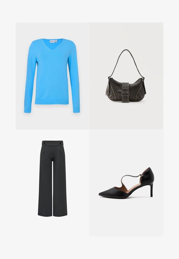 Blå v-hals sweater med lange ærmer, ribkant ved ærmer og kant. Glat tekstur, lavet af letvægtsmateriale, egnet til afslappet brug.; Sorte bukser med vide ben, høj talje og knapdetaljer på taljen, frontsøm og lige kant.; Sort læder pumps med spids tå, tynd ankelrem og mellemhøj stilethæl på hvid baggrund.; Sort læder skuldertaske med spænde på remmen, afrundede kanter og kontrasterende hvide syninger på en ensfarvet baggrund.