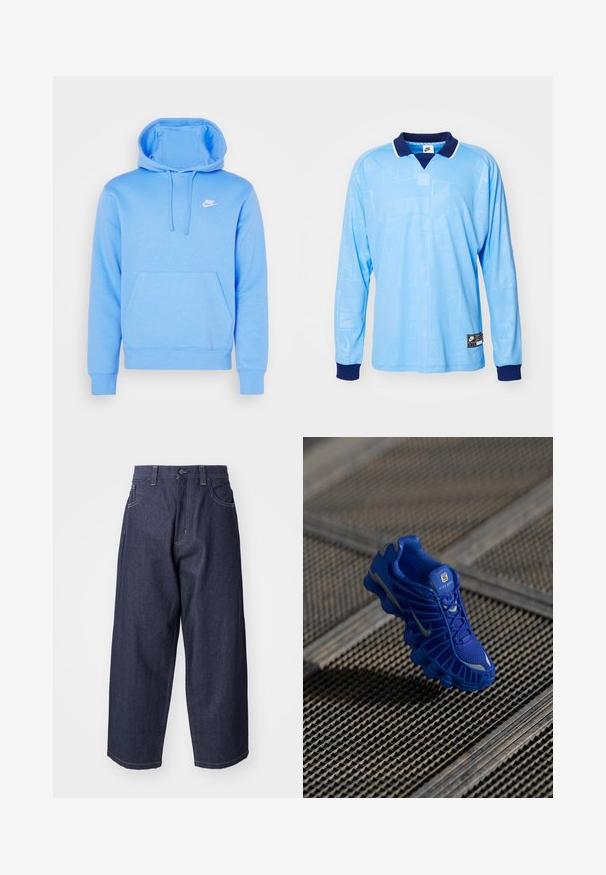 Lyseblå Nike hættetrøje lavet af blødt stof med en forlommes, snor til hætten og hvidt logo på brystet. Klassisk pullover design.; Lyseblå langærmet polo trøje med marineblå krave og manchetter, med et diskret all-over mønster og Nike-logo på den nederste kant.; Mørkeblå denim jeans med en løs, bred ben-design. Funktioner inkluderer en knaplukning, frontlommer og synlige stikninger.; Blå sportsko med overdel i mesh, struktureret design og fremtrædende sål med tydelige dæmpningselementer og reflekterende detaljer.
