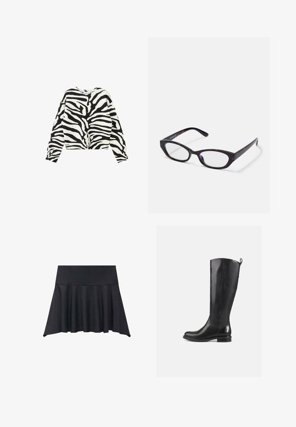 Pull à manches longues avec motif zèbre noir et blanc, col rond et coupe décontractée.; Mango Jupe trapèze - grey; Bottes en cuir noir jusqu'au genou avec une finition lisse, bout rond, talon bas et une languette à l'arrière. Design minimaliste sans motifs visibles.; Lunettes de style œil de chat avec une monture en plastique écaille de tortue foncée et brillante, avec des branches courbées et des verres transparents. Marquage minimal sur le côté.
