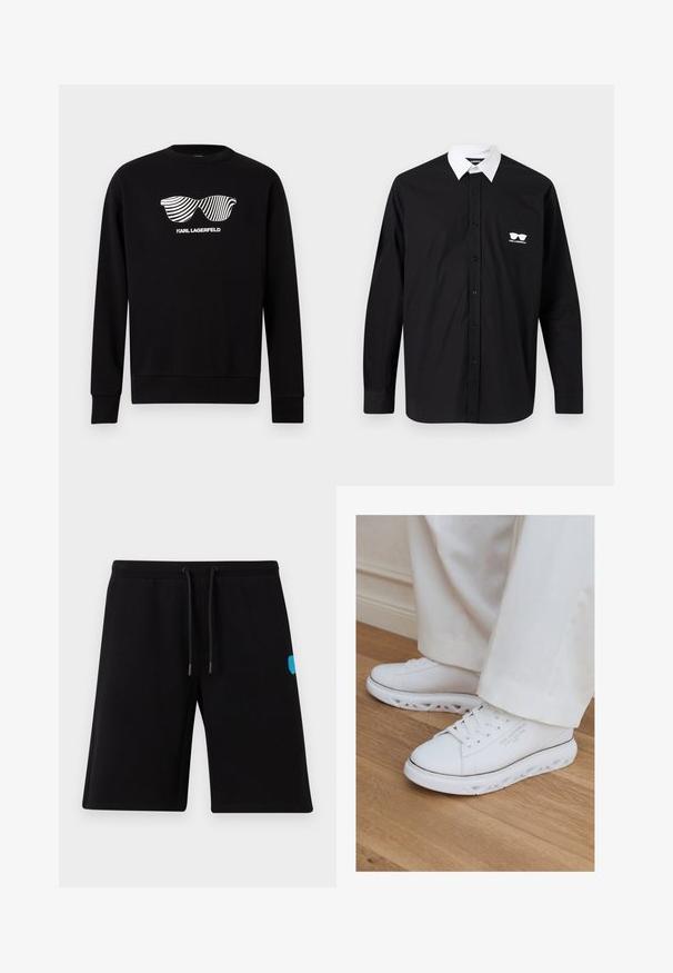 Sudadera negra con cuello redondo, gráfico de gafas de sol con rayas blancas y texto "KARL LAGERFELD" centrado en el pecho.; Camisa negra de manga larga con botones, con cuello blanco a contraste y bolsillo en el pecho que presenta un logo de gafas de sol blancas y el texto "KARL LAGERFELD".; Pantalones cortos negros hasta la rodilla con cintura ajustable con cordón y pequeño logo azul en el muslo derecho, mostrados sobre un fondo blanco uniforme.; Zapatillas blancas bajas con suelas recortadas únicas, usadas con pantalones de color claro sobre un suelo de madera.
