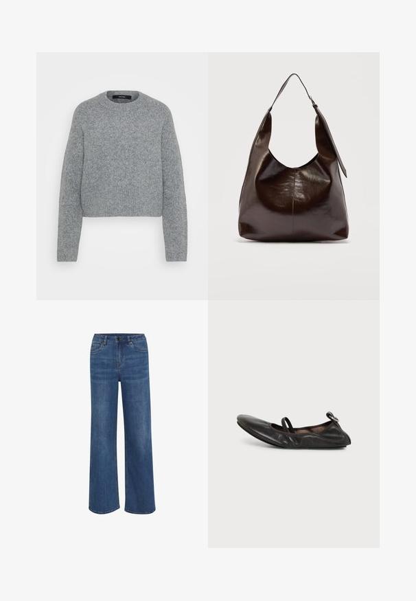 Zachte grijze gebreide lange mouwen trui met ronde hals en ribgebreide manchetten, zoom en halslijn, weergegeven tegen een effen achtergrond.; Wijduitlopende jeans van middelblauwe denim. Voorzien van een knoop- en ritssluiting, vijf zakken en subtiele vervaging op de stof.; Zwarte leren platte schoen met afgeronde neus, elastisch bandje over de wreef en een klein metalen gespsdetail bij de hiel.; Donkerbruine glanzende leren schoudertas met een enkele brede riem en gespsdetail aan één kant, tegen een effen lichte achtergrond.
