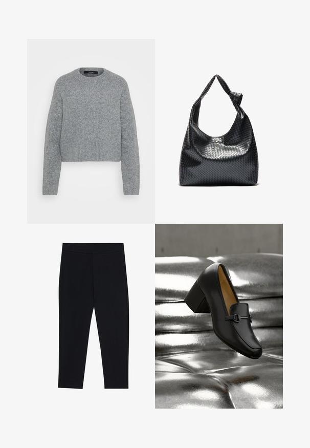 Blød grå strikket langærmet sweater med rund hals og ribbede manchetter, kant og halsudskæring, vist mod en ensfarvet baggrund.; Sorte leggings lavet af strækbart stof, med en elastisk talje og en glat tekstur. Ingen synlige mønstre eller hardware-detaljer.; Sort læder-loafer med høje hæle, rundet tå, dekorativ strop og lille metaldetalje. Glat tekstur og elegant design.; Sort vævet lædertaske med en afslappet design, der har et knyttet rem og en lille dekorativ guldstud foran.