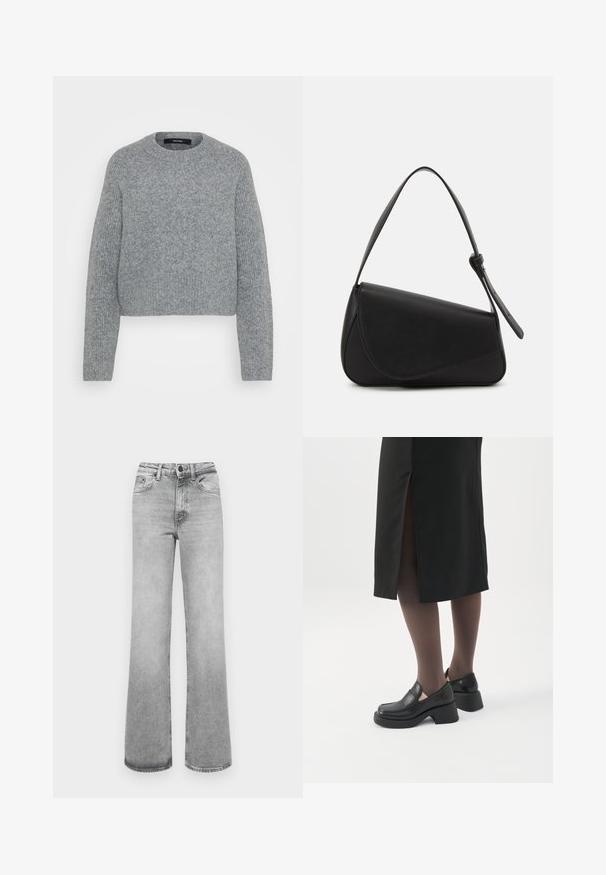 Blød grå strikket langærmet sweater med rund hals og ribbede manchetter, kant og halsudskæring, vist mod en ensfarvet baggrund.; Lyst grå faded lige ben jeans med forlommer, bæltestropper, og en knap- og lynlåslukning.; Kvinde iført sorte loafers med chunky hæl, sorte tynde strømpebukser og en sort nederdel med slids bagpå på hvid baggrund.; Sort læderhåndtaske med en triangular form, skrå klap og et rundt håndtag. Har en glat overflade og minimalistiske design detaljer.