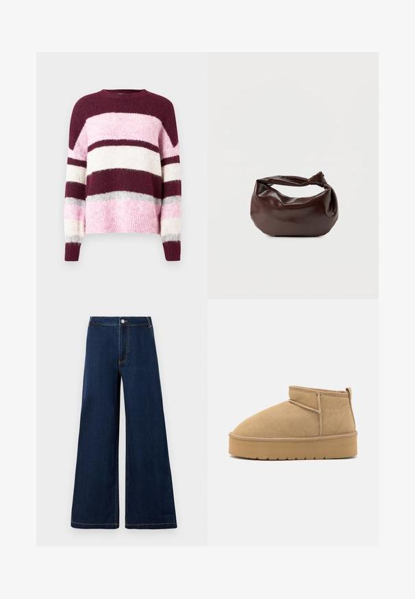 Paars en roze gestreepte trui met een ronde halslijn. Gemaakt van zachte, textuurstof. Heeft horizontale strepen in verschillende kleuren.; Wijduitlopende denim jeans in donkerblauw met gouden stiksels, voorzien van een voorknop- en ritssluiting en een klassiek vijf-pocket ontwerp.; Beige suède enkellaarzen met een ronde neus, minimale stiksels en een lichtbruine rubberen zool met een getextureerd patroon.; Donkerbruine leren schoudertas met een zachte, slungelige vorm en een gedraaide knoopvormige handgreep op een effen witte achtergrond.