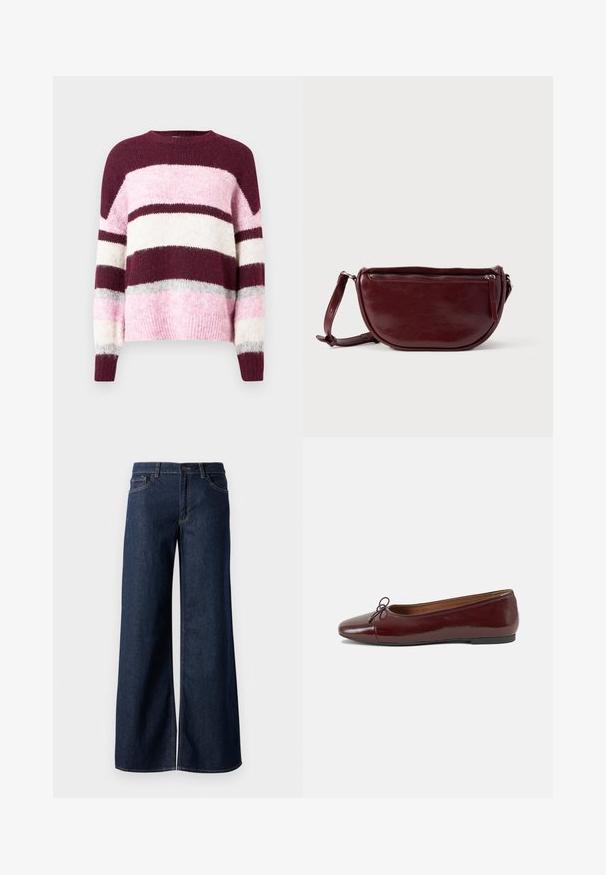 Lilla og rosa stribet sweater med en rund halsudskæring. Fremstillet af blødt, tekstureret stof. Har vandrette striber i forskellige farver.; Bredde ben jeans i mørkeblå denim. Har kontrastsyninger, fem lommer og en knaplukning i taljen. Glat tekstur.; Bordeaux patentlæder balletflad med rund tå, lille sløjfeaccent foran og en lav, sort gummisål. Glat tekstur.; Vinrød læderhåndtaske med halvmåneform, lynlås og aftagelig rem. Glat tekstur med en subtil glans.