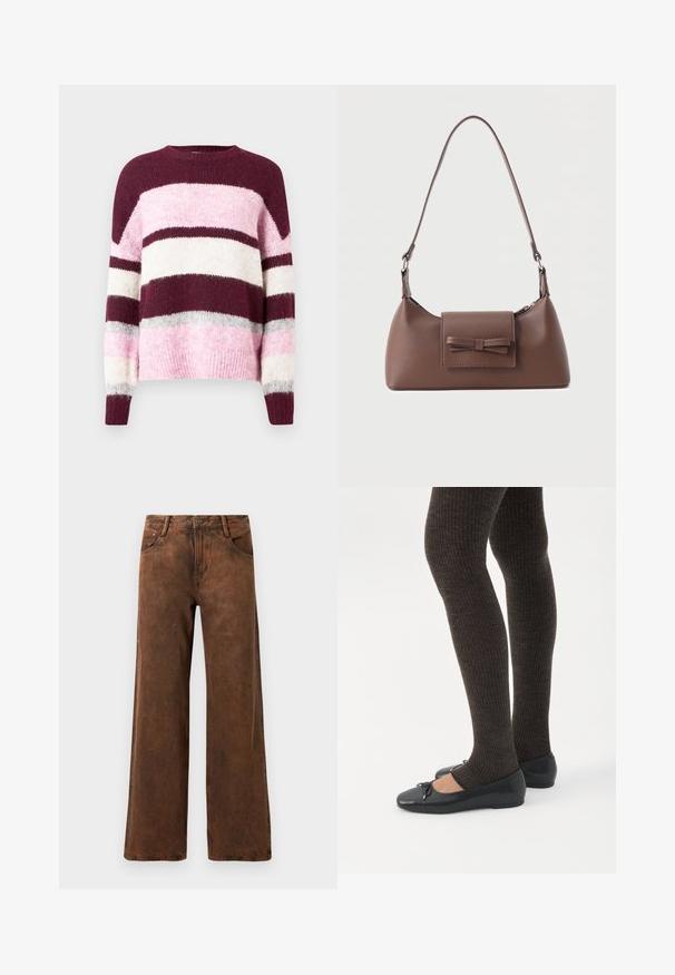 Lilla og rosa stribet sweater med en rund halsudskæring. Fremstillet af blødt, tekstureret stof. Har vandrette striber i forskellige farver.; Brune vidde bukser lavet af denim, med en tekstureret overflade, knap- og lynlås lukning, samt to frontlommer.; Ben iført mørke ribbede leggings kombineret med sorte balletsko med små sløjfedetaljer på hvid baggrund.; Brun skuldertaske i læder med en frontlomme med klap, der har en sydd sløjfedetalje, og en justerbar rem.