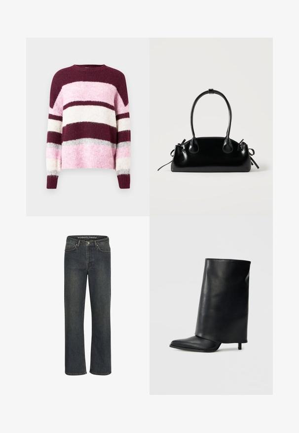 Paars en roze gestreepte trui met een ronde halslijn. Gemaakt van zachte, textuurstof. Heeft horizontale strepen in verschillende kleuren.; Donkerblauwe recht-been jeans van denim stof, met een middelhoge taille, vijf zakken en subtiele stiksels langs de naden.; Zwarte leren enkellaars met een gestructureerd, omgeslagen ontwerp, een spits toelopende neus en een dunne hak. Gladde textuur met minimale details.; Kleine zwarte glanzende handtas met twee lange hengsels en zijkant trekkoord details op een effen lichte achtergrond.