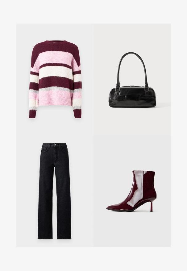Lilla og rosa stribet sweater med en rund halsudskæring. Fremstillet af blødt, tekstureret stof. Har vandrette striber i forskellige farver.; Højtaljede sorte denim jeans med knap- og lynlåslukning, for- og baglommer samt lige ben.; Skinnende mørkerød ankelstøvle med spids tå og tynd mellem-højde hæl på en lys ensfarvet baggrund.; Sort læderhåndtaske med rektangulær form, der har et enkelt struktureret håndtag, sølvhardware og lynlås-lukning. Glat tekstur.