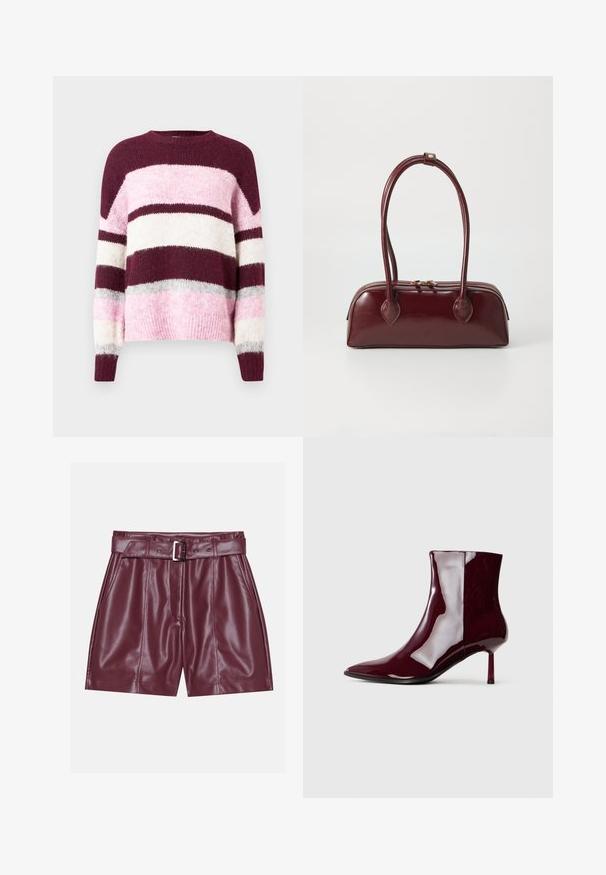 Pull rayé violet et rose avec un col arrondi. Fabriqué en tissu doux et texturé. Présente des rayures horizontales de différentes couleurs.; Shorts en simili cuir bordeaux avec une large taille, une ceinture avec une boucle en argent et des plis à l'avant pour une silhouette décontractée.; Bottine brillante rouge foncé à bout pointu et talon fin mi-haut sur un fond clair.; Sac à main en cuir bordeaux avec une forme courbée, deux poignées, fermeture éclair et détails de couture subtils. Fini lisse et brillant.