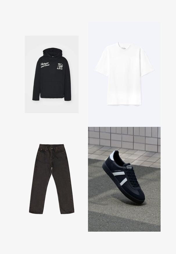 Sort hættejakke med en frontlomme, prydet med hvid tekst "Reframe and Focus" og et ørnelogo. Blødt materiale med frayed kantkanter.; Enkel hvid T-shirt med korte ærmer og rund hals med afslappet pasform, vist på en lys baggrund.; Mørkegrå denim jeans med en løs pasform, der har et fem-lomme design, synlige syninger og en knaplukning i taljen.; Sort lædersneaker med hvide striber, tekstureret gummisål og snørrebånd foran. Har et brandet mærke på tungen.