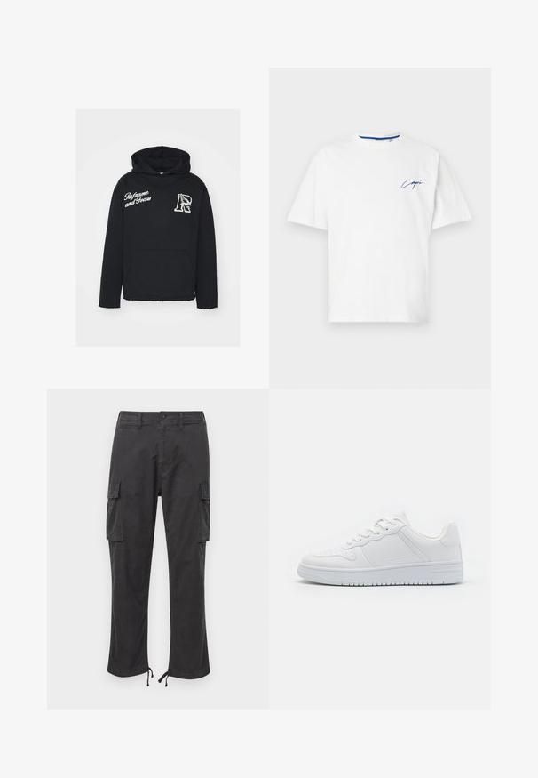 Sudadera negra con bolsillo frontal, que presenta el texto blanco "Reframe and Focus" y un logo de águila. Tejido suave con bordes de dobladillo deshilachados.; Camiseta de algodón blanca con cuello redondo y mangas cortas. Presenta texto azul en cursiva en la parte izquierda del pecho. Textura suave, diseño casual.; Pantalones de cargo negros con dos bolsillos laterales, puños ajustables con cordón, cierre de botón y una textura de tela suave y duradera.; Zapatillas blancas hechas de material sintético liso, con cordones planos, puntera perforada y suela de goma con un patrón de agarre texturizado.