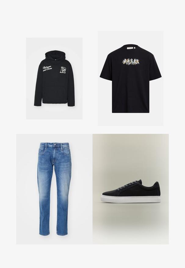 Zwarte hoodie met een voorkantoor, voorzien van witte tekst "Reframe and Focus" en een adelaar logo. Zacht materiaal met rafelige zoomranden.; Zwart T-shirt met korte mouwen met de tekst "REBEL" en een kleurrijk bloemenontwerp over de borst en een ronde halslijn.; Lichtblauwe denim jeans met een rechte pasvorm, vijf-pocket ontwerp, subtiele vervaging en een standaard tailleband met knoopsluiting.; Zwarte lage sneaker met witte rubberen zool, vetersluiting en gevoerde kraag, weergegeven tegen een neutrale grijze achtergrond.