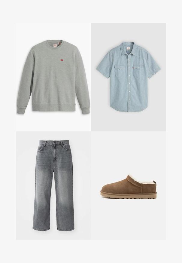 Hallhalli, mis on valmistatud pehmest kangast. Omab ümarat kaelust ja pika varrukaga. Rinnal on väike punane Levi'si logo.; Lühikeste varrukatega särk helesinises toonis valgete triipudega, millel on traditsiooniline krae, kaks rinnataskut ja nööpidega sulgemine. Materjaliks puuvill.; Hallid denim lai jalagae, kulunud tekstuuriga, viie taskuga ja eest nööbiga kinnitamine. Sirge lõige, mis ulatub vööst ääreni.; Pruun seemisest materjalist libisev toasuss, beežide tallaga ja valge fliisvoodriga, loodud sisetemperatuuri soojuseks ja mugavuseks.