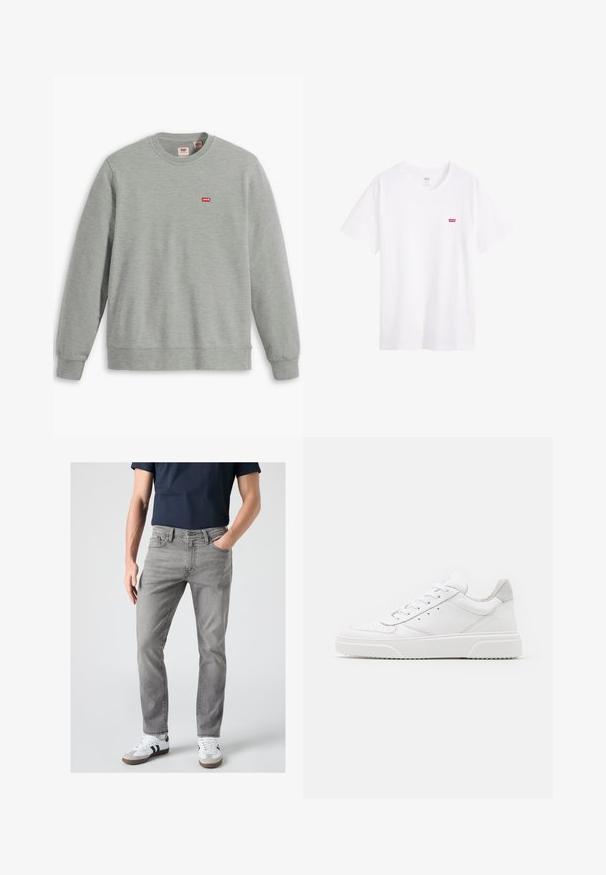 Grå sweatshirt lavet af blød stof. Har en rund halsudskæring og lange ærmer. Viser et lille rødt Levi's-logo på brystet.; Hvid bomulds t-shirt med rund halsudskæring, korte ærmer og et lille rødt Levi's-logo på venstre bryst. Glat tekstur, standard pasform.; Mand iført grå slim-fit jeans, hvide sneakers med sorte striber og en mørkeblå kortærmet skjorte, står med den ene hånd i lommen.; Hvide lædersneakers med en glat finish, rund tå, flade snørebånd og en struktureret sål. Grå ruskindsdetalje ved hælen.