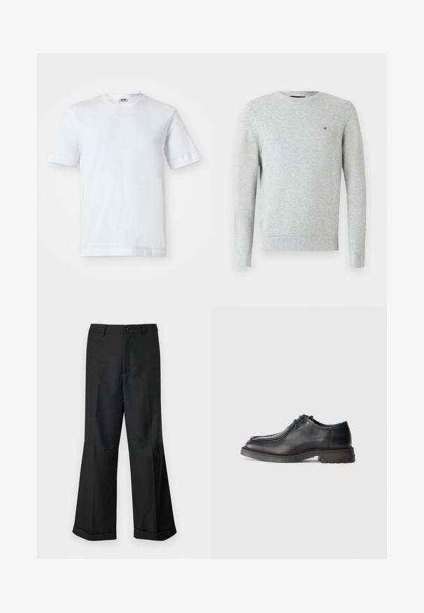 Suéter de manga larga en gris claro con cuello redondo, con un sutil patrón texturizado y un pequeño logo en rojo, blanco y azul en el lado izquierdo del pecho.; Camiseta de algodón blanca con mangas cortas, escote redondo y una textura suave. No se observan patrones ni detalles.; Pantalones anchos negros con cintura abotonada y dobladillos con puños, exhibidos sobre un fondo blanco liso.; Zapato de cuero negro con textura suave, punta redonda y costura grabada poco profunda. Suela de goma gruesa con un ligero tacón y patrón de agarre.