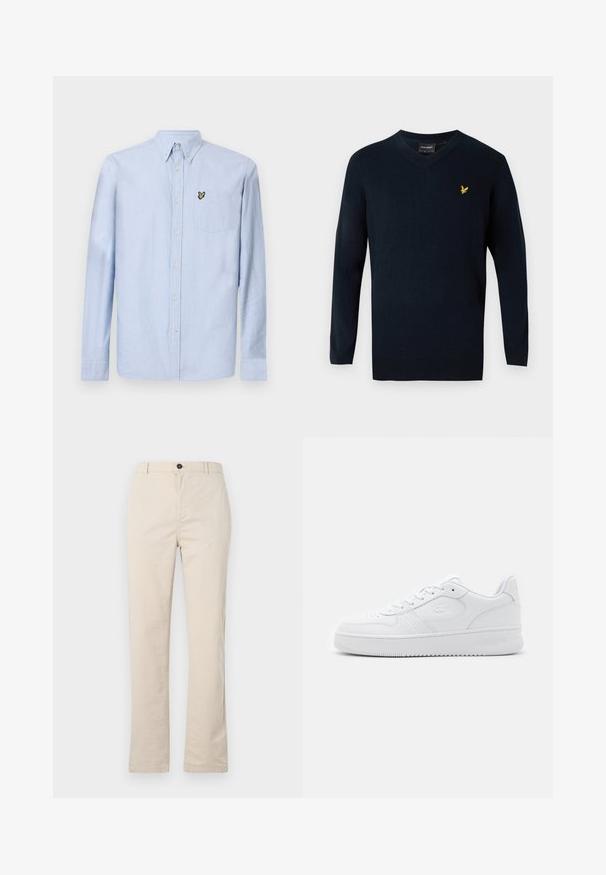 Marineblauwe v-hals trui van zachte stof, met lange mouwen en een klein geel geborduurd logo op de linkerkant van de borst.; Lichtblauwe langetermijnoverhemd met button-down kraag, borstzak en geborduurd logo. Gemaakt van textuurkatoenen stof.; Lichtbeige katoenen broek met een rechte pijpdesign, voorzien van een knoopsluiting aan de voorkant, een ritssluiting en minimale stikdetails.; Witte leren sneaker met geperforeerde neus, platte veters en gevoerde kraag. Voorzien van een geperst logo aan de zijkant en een getextureerde rubberen zool.