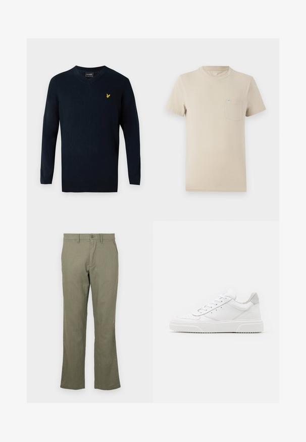 Navy V-Ausschnitt-Pullover aus weichem Material, mit langen Ärmeln und einem kleinen gelben gestickten Logo auf der linken Brustseite.; Beige T-Shirt mit kurzen Ärmeln aus Baumwolle, mit Rundhalsausschnitt und einer linken Brusttasche mit einem kleinen Logo-Tag. Glatte Textur, lässiges Design.; Lässige olivgrüne Hose aus einem weichen Stoff. Mit geradem Beinschnitt, Fronttaschen und Knopfverschluss. Keine sichtbaren Muster.; Weiße Leder-Sneaker mit glatter Oberfläche, rundem Zehenbereich, flachen Schnürsenkeln und strukturiertem Schuhsohlen. Graues Wildleder-Detail an der Ferse.