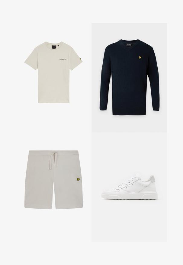 Suéter azul marino de pico fabricado en un tejido suave, con mangas largas y un pequeño logotipo amarillo bordado en la parte izquierda del pecho.; Camiseta de algodón beige con cuello redondo, mangas cortas y un pequeño logo "LYLE & SCOTT" impreso en el pecho. Presenta un logo bordado en la manga.; Pantalones cortos de algodón gris claro con cintura elástica y cordón. Presentan un pequeño logo amarillo en el lado izquierdo. Textura suave.; Zapatillas de cuero blanca con un acabado suave, punta redondeada, cordones planos y una suela texturada. Acento de ante gris en el talón.