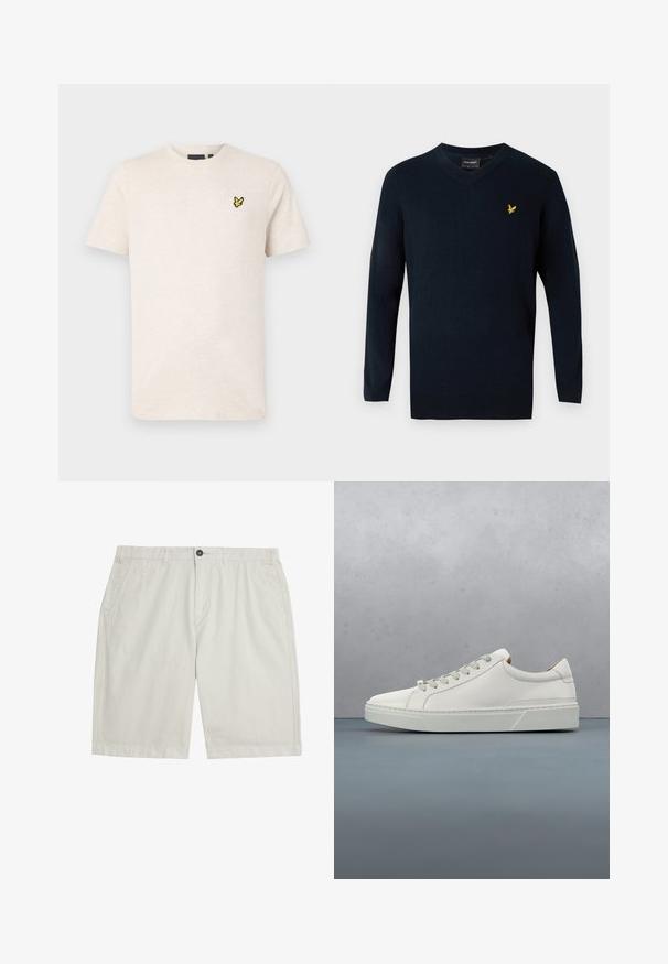Navy V-Ausschnitt-Pullover aus weichem Material, mit langen Ärmeln und einem kleinen gelben gestickten Logo auf der linken Brustseite.; Beige kurzärmeliges T-Shirt mit Rundhalsausschnitt und kleinem gelbem Vogel-Logo auf der linken Brust, vor einfarbigem Hintergrund dargestellt.; Hellbeige knielange Shorts mit Fronttaschen, Gürtelschlaufen, Knopfverschluss und sauberem, glattem Stoff.; Weißes Leder-Sneaker mit abgerundetem Zehenbereich, minimalistisches Design, graue Schnürsenkel und einer strukturierten grauen Gummisohle. Dezente Nähte sichtbar.