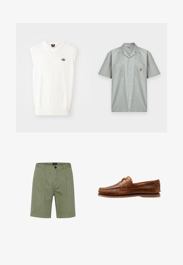 Jersey sin mangas blanco con escote en V, dobladillo acanalado y un pequeño logo negro en el lado izquierdo del pecho, fabricado con un material de punto suave.; Camisa de manga corta con botones en algodón a rayas azules y crema, con dos bolsillos en el pecho y un pequeño parche con logo en el bolsillo izquierdo.; Pantalones cortos verde oliva con un diseño a medida, que presentan un cierre de botón, bolsillos frontales y sutiles rayas verticales en una tela suave y texturizada.; Zapato de barco de cuero marrón con acentos de costura, con ojales de metal, una costura elevada en la puntera y una suela de goma plana.