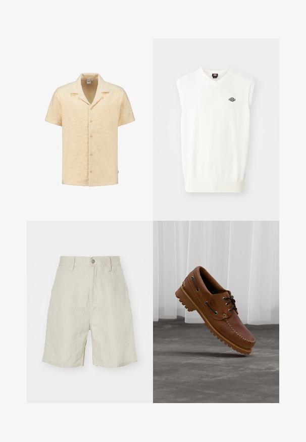 Jersey sin mangas blanco con escote en V, dobladillo acanalado y un pequeño logo negro en el lado izquierdo del pecho, fabricado con un material de punto suave.; Camisa de manga corta en tela amarilla clara texturizada, con un patrón geométrico, cuello con muesca y cinco botones en la parte delantera.; Pantalones cortos de lino en beige claro, con una cintura alta, cierre de botones y bolsillos laterales. Textura suave con un corte relajado.; Zapato náutico de cuero marrón con cordones negros, costuras beige y una suela resistente, suspendido sobre un suelo de hormigón gris.