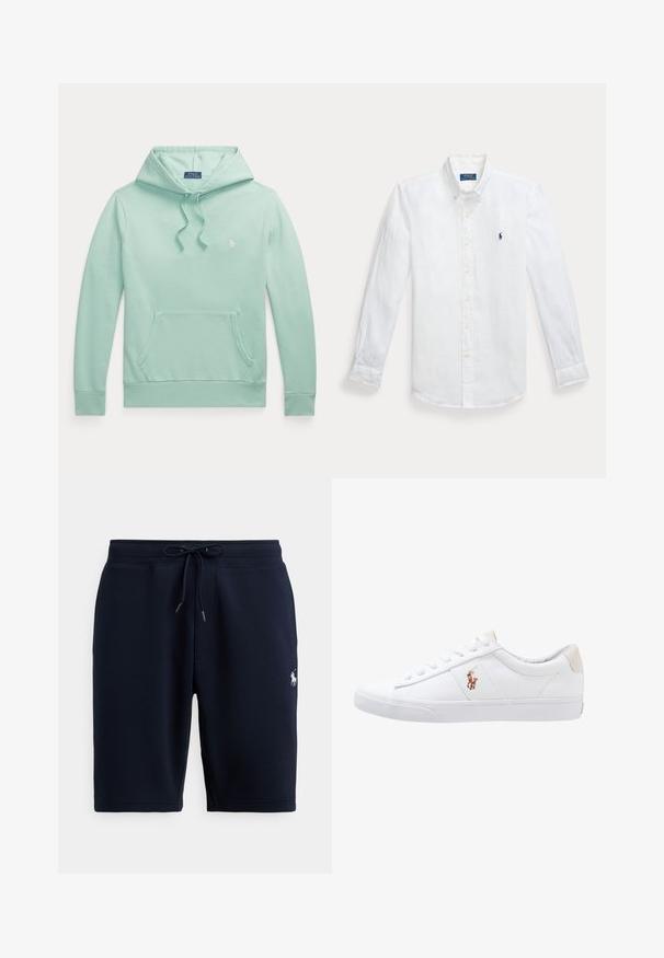 Sweat à capuche vert clair à manches longues avec cordon, poche kangourou sur le devant et petit logo Polo Ralph Lauren brodé sur la poitrine.; Chemise boutonnée blanche en lin à manches longues avec un col pointu et un logo bleu brodé sur la poitrine gauche. Dispose de poignets à boutons.; Shorts de sport en coton bleu marine avec taille élastique, cordon de serrage et logo sur le côté gauche. Texture lisse, longueur au genou.; Baskets en toile blanches avec un design basse, présentant un onglet de talon beige et un petit logo brodé sur le côté. Semelle en caoutchouc.