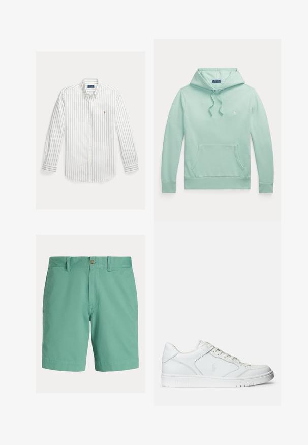 Lichtgroene hoodie met lange mouwen, trekkoorden in de capuchon, voorzak kangaroostijl en klein geborduurd Polo Ralph Lauren-logo op de borst.; Wit overhemd met lange mouwen met dunne verticale blauwe strepen en een klein geborduurd logo op de linkerborst.; Herenshorts in lichtgroen, gemaakt van een katoenmengsel. Voorzien van een vlakke voorkant, knoopsluiting, riemlussen en zijzakken. Soepele textuur.; Witte leren sneaker met een gladde textuur, voorzien van een geperforeerde neus, vetersluiting en geborduurde logo aan de zijkant. Witte rubberen zool.