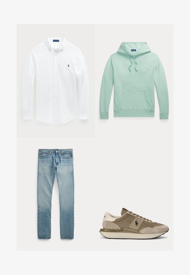 Svetlozelená mikina s dlhým rukávom, kapucňou so šnúrkou, predným klokankovým vreckom a malým vyšívaným logom Polo Ralph Lauren na hrudi.; Biela košeľa s dlhým rukávom vyrobená z bavlny, s golierom na gombíky a malým modrým logom polo na hrudníku. Hladká textura, klasický strih.; Svetlomodré rifle s rovným strihom, piatimi vreckami, zapínaním na gombíky a jemnými vyblednutými detailmi okolo stehien a kolien.; Bočný pohľad na béžovo-hnedú tenisku s semišovými detailmi a logom Polo na boku na jednoduchom pozadí.