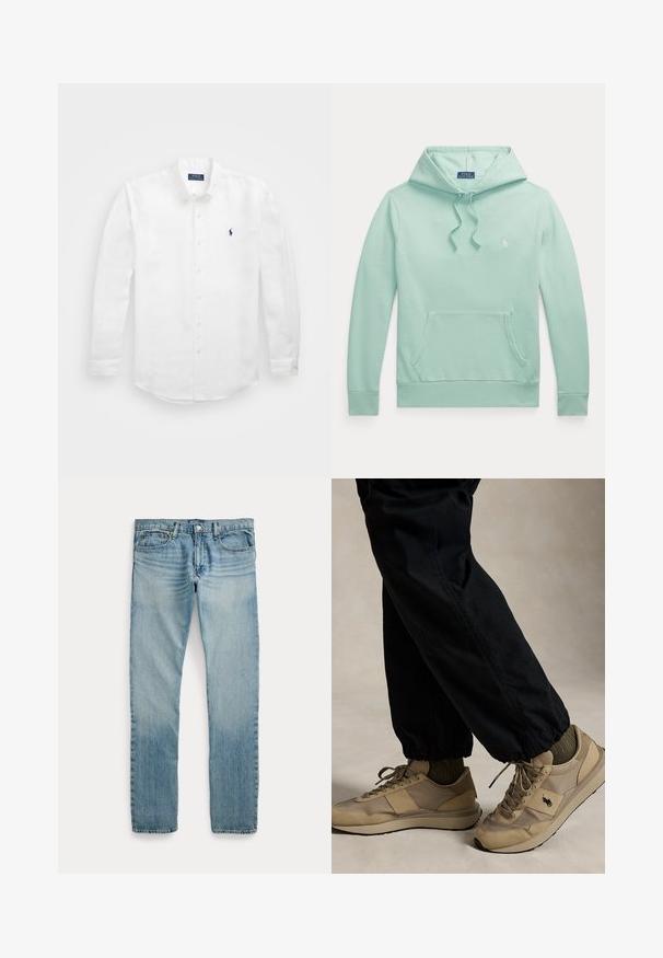 Heleheleroheline kapuutsiga pikemate varrukatega dressipluus, ees kitsas kängurumaterjalist tasku ja väike tikitud Polo Ralph Laureni logo rinnal.; Valge pikavarrukaga puuvillane särk, millel on nööpidega kaelus, vasakul rinnal väike tumesinine logo ja klassikaline nööpide sulgemine.; Hele sinised sirge säärega teksapüksid viie tasku, nööpidega kinnituse ja õrnade pleekinud detailidega reite ja põlvede ümber.; Inimene, kes kannab beeže paeltega tossusid musta logoga, oliivrohelisi sokke ja musti pükse elastsete mansettidega, seisab neutraalsel põrandal.