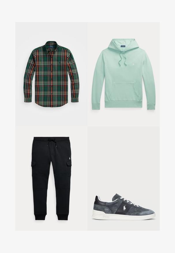 Heleheleroheline kapuutsiga pikemate varrukatega dressipluus, ees kitsas kängurumaterjalist tasku ja väike tikitud Polo Ralph Laureni logo rinnal.; Roheline ruuduline nööbiga särk, millel on oranžid, tumesinised ja valged triibud. Omab klassikalist kaela ja pikki varrukaid, valmistatud pehmest puuvillast kangast.; Mustad cargo-tüüpi jogger püksid, millel on nööriga talje, külgmised klapiga taskud, soonikuga varrukasääred ja väike valge polo mängija logo paremal reiel.; Hallutsin hallidest sametist tossud, millel on valged paelad, tumedat paneeli koos logoga ja valge kummist tald. Ümar nina ja õmblustega viimistlus.
