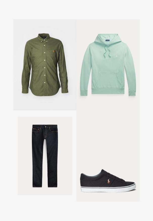 Hellgrüner Hoodie mit langen Ärmeln, Kordelzug an der Kapuze, Kängurutasche vorne und kleinem, besticktem Polo Ralph Lauren-Logo auf der Brust.; Olivgrünes Button-up-Hemd aus Baumwollstoff, mit klassischem Kragen, langen Ärmeln und einem gestickten Logo in Orange auf der Brust.; Dunkelblaue Slim-Fit-Jeans mit fünf Taschen, Knopfverschluss und Kontrastnähten, flach auf hellem Hintergrund ausgelegt.; Schwarzer Sneaker mit niedrigem Schaft, weißer Sohle und gesticktem Polospieler-Logo an der Seite, mit Schnürverschluss und strukturiertem Stoff-Obermaterial.