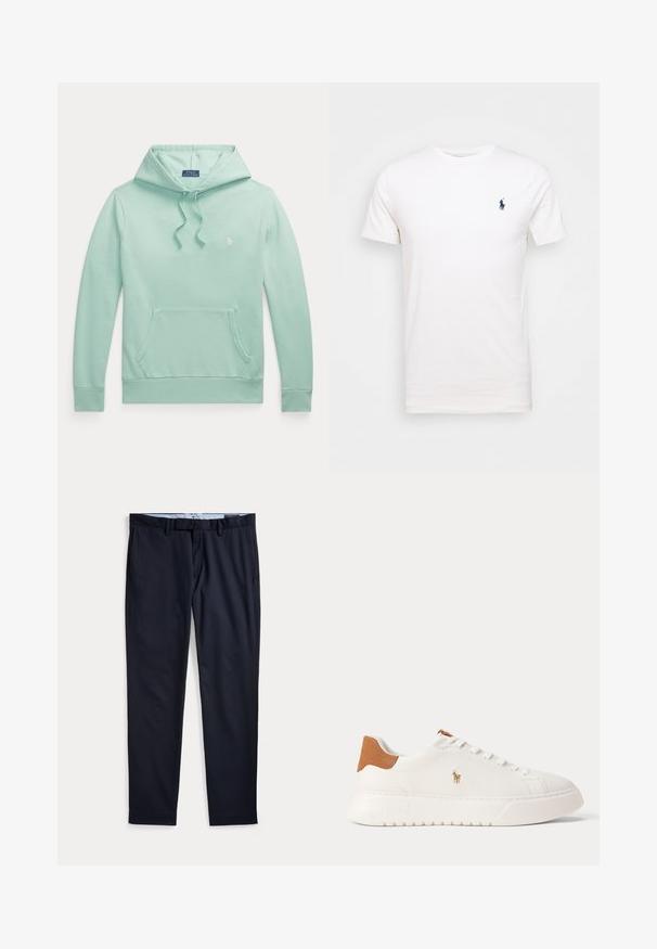 Svetlozelená mikina s dlhým rukávom, kapucňou so šnúrkou, predným klokankovým vreckom a malým vyšívaným logom Polo Ralph Lauren na hrudi.; Biela bavlnená tričko s okrúhlym výstrihom. Na ľavej strane hrude je malé tmavomodré logo. Krátke rukávy, hladká textúra.; Pánske spoločenské nohavice námornícko modrej farby s pútkami na opasok, zipsom a bočnými vreckami, položené na bielom pozadí.; Biely nízky teniska s béžovou pätovou záložkou, bielymi šnúrkami a malým vyšívaným logom hráča póla na boku nad tlustou podrážkou.