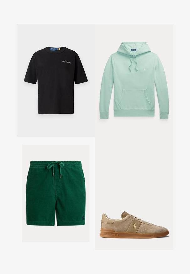 Svetlozelená mikina s dlhým rukávom, kapucňou so šnúrkou, predným klokankovým vreckom a malým vyšívaným logom Polo Ralph Lauren na hrudi.; Čierne bavlnené tričko s krátkymi rukávmi, okrúhlym výstrihom a bielym logom na ľavej hrudi so textom "Polo Ralph Lauren".; Zelené manšestrové šortky s elastickým pásom a sťahovacou šnúrkou, s malým vyšívaným logom na spodnej ľavej nohe.; Béžové nízke tenisky z brúseného semišu a kože s gumovou podrážkou, bielymi šnúrkami a logom Polo na boku a na podrážke.