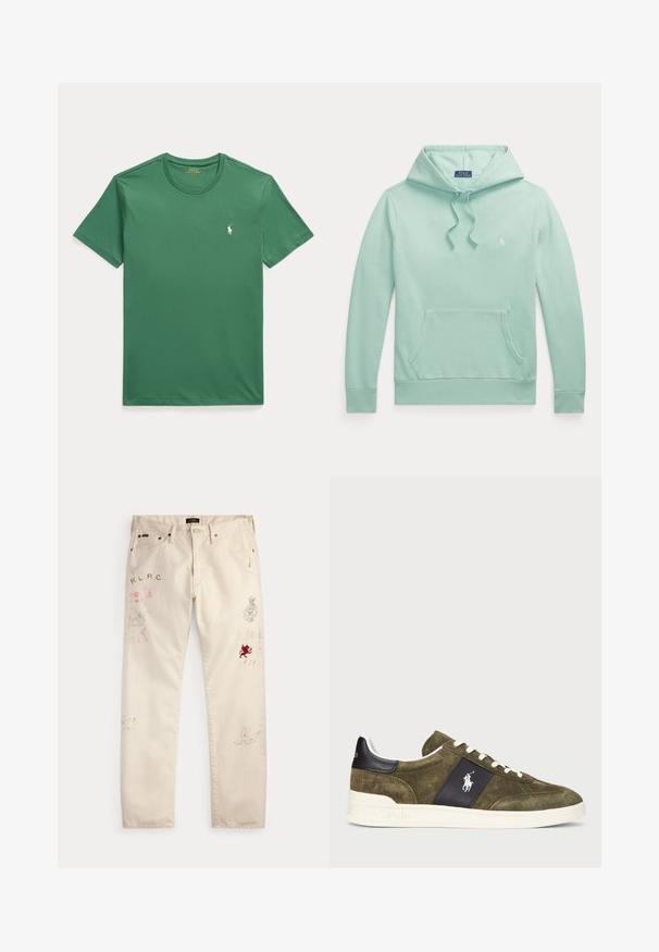 Heleheleroheline kapuutsiga pikemate varrukatega dressipluus, ees kitsas kängurumaterjalist tasku ja väike tikitud Polo Ralph Laureni logo rinnal.; Roheline lühikeste varrukatega ümarakaelusega T-särk, millel vasakul rinnal väike valge Polo Ralph Laureni hobuse logo.; Beežid püksid ees taskute ja vööaasadega, millel on mõlemal säärel tuhmunud punased ja mustad graafilised prindid ja tekstidisainid.; Olive rohe nahast tossud tumesinise aktsentpaneeliga, valged kingapaelad ja logo. Omab tekstureeritud pinda ja valget kummist tallat.
