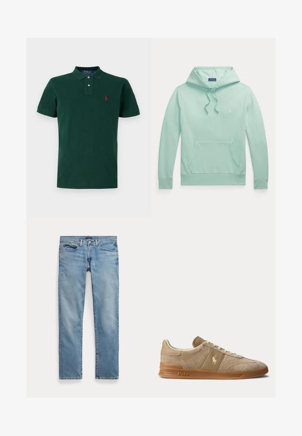 Sweat à capuche vert clair à manches longues avec cordon, poche kangourou sur le devant et petit logo Polo Ralph Lauren brodé sur la poitrine.; Polo vert foncé à manches courtes avec col, patte de boutonnage à deux boutons et petit logo rouge brodé sur la poitrine gauche.; Jean droit denim bleu clair avec poches avant et fermeture bouton, posé à plat sur fond blanc.; Basket basse beige en daim et cuir avec semelle en gomme, lacets blancs, et logo Polo sur le côté et la semelle.