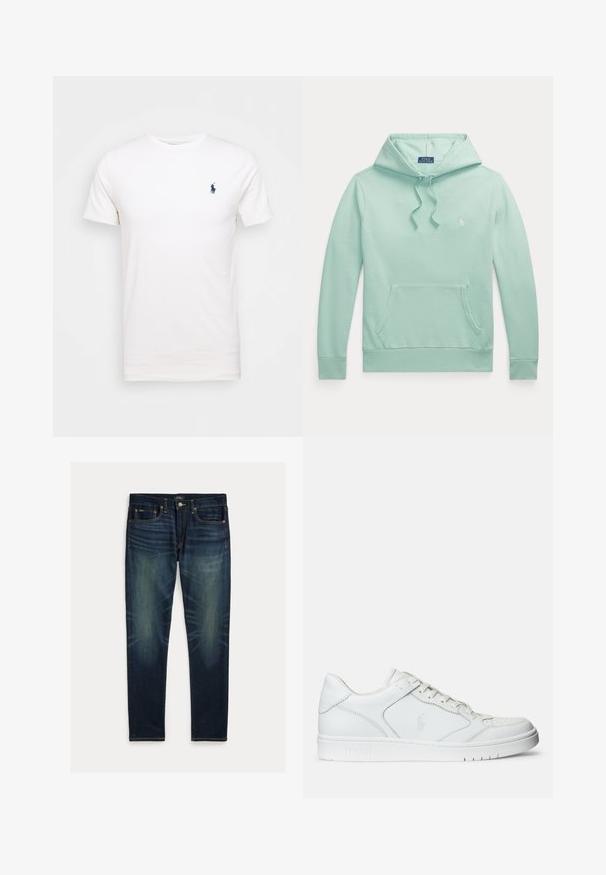 Svetlozelená mikina s dlhým rukávom, kapucňou so šnúrkou, predným klokankovým vreckom a malým vyšívaným logom Polo Ralph Lauren na hrudi.; Biela bavlnená tričko s okrúhlym výstrihom. Na ľavej strane hrude je malé tmavomodré logo. Krátke rukávy, hladká textúra.; Tmavomodré slim-fit rifle so vyblednutými detailmi, dizajn s piatimi vreckami a zapínaním na gombíky, položené na bielom pozadí.; Biele kožené tenisky s hladkým povrchom, obsahujúce perforovanú špičku, šnúrkové uzatvorenie a vyšívané logo na boku. Biela gumová podrážka.