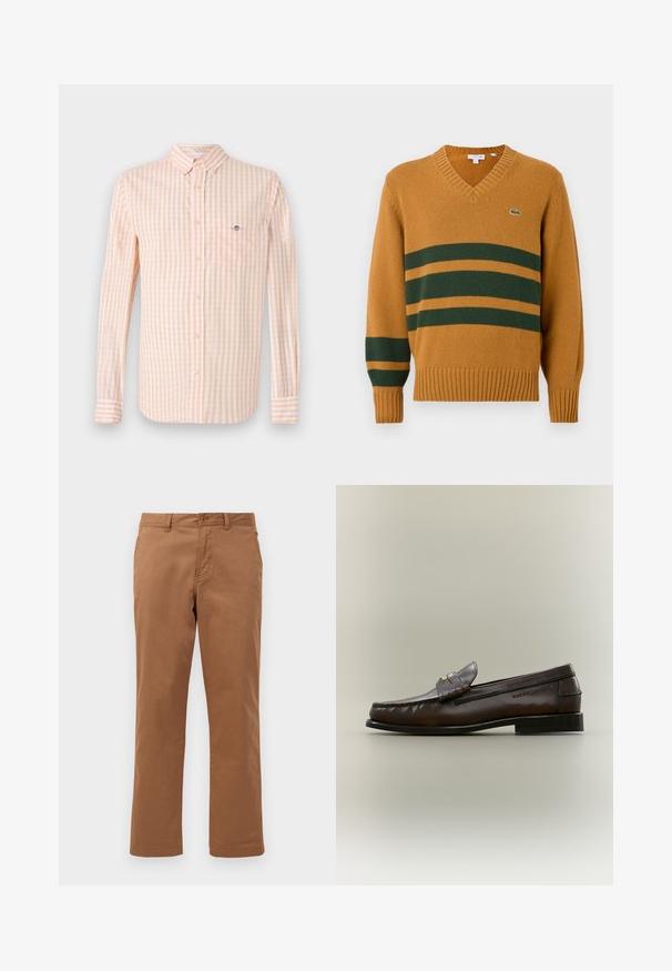 Suéter de pico color mostaza con rayas horizontales verde oscuro en el pecho y en la manga izquierda, que presenta un pequeño logo de cocodrilo en el pecho.; Camisa de tela a cuadros en naranja claro y blanco, con mangas largas, cuello abotonado y bolsillo en el pecho. Presenta un logo sutil en el bolsillo.; Pantalones de algodón marrones con un diseño de pierna recta, que cuentan con un cierre de botón y bolsillos frontales. Textura suave y acabado limpio.; Mocasín de cuero marrón oscuro con tacón bajo negro, costuras de mocasín y una correa decorativa en la parte superior.