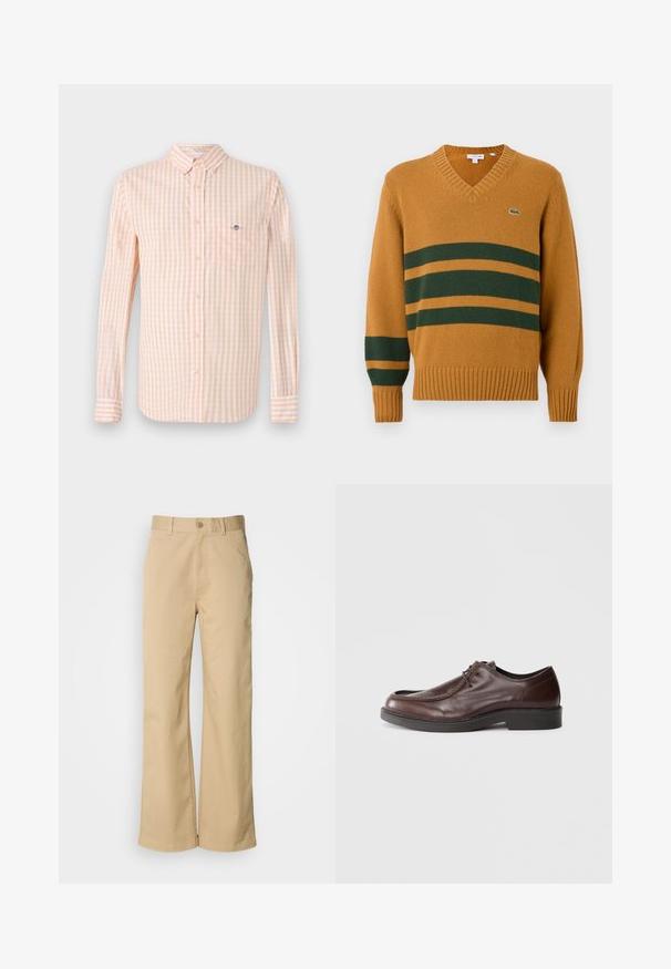Mosterdgele V-hals trui met donkergroene horizontale lijnen over de borst en op de linkermouw, voorzien van een klein krokodillenlogo op de borst.; Lichtoranje en witte geruite stoffen shirt met lange mouwen, button-down kraag en borstzak. Bevat een subtiele logo op de zak.; Beige, wijde broek gemaakt van een katoenmix. Voorzien van een knoopsluiting en riemlussen. Soepele textuur, met minimale stikseldetails.; Bruine leren nette schoen met een ronde neus, minimale stiksels en een stevige zwarte zool. Voorzien van vetersluiting en een gladde textuur.