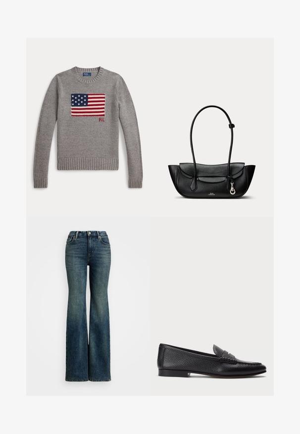 Grijze gebreide trui met een ontwerp van de Amerikaanse vlag en de initialen "RL" op de borst, met geribde boorden en een ronde hals.; Flared blauwe denim jeans met een hoge taille, voorzien van vijf zakken en stiksels als accent. De stof heeft een klassieke vervaagde textuur.; Zwarte leren instapper met een gestructureerde afwerking, voorzien van een decoratieve band en platte hak. Slank, minimalistisch ontwerp met een ronde neus.; Zwarte leren schoudertas met gebogen flap, lange dunne band, zijvleugels, kleine zilveren sluiting en Polo Ralph Lauren-logo aan de voorkant.
