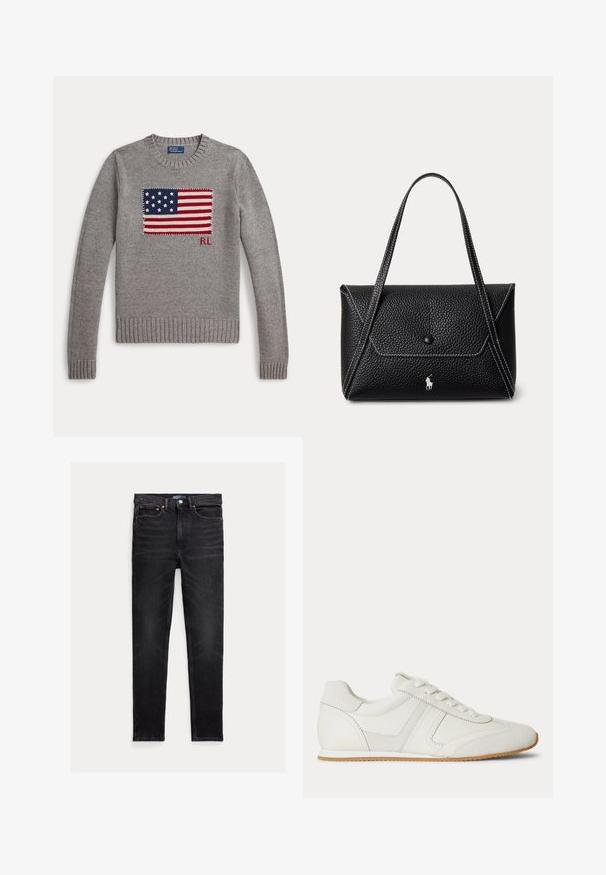 Grå strikket sweater med amerikansk flagdesign og initialerne "RL" på brystet, ribstrikkede manchetter og rund hals.; Slim-fit sorte jeans med fem lommer, knaplukning og Polo mærke på linningen, lagt fladt på en hvid baggrund.; Hvid lavtop sneaker med snørelukning foran, ruskind- og læderpaneler og en lysebrun gummisål på en hvid baggrund.; Sort tekstureret læderhåndtaske med enkelt knapklap, to skulderremme, hvid syning og lille hvid hestelogo foran.