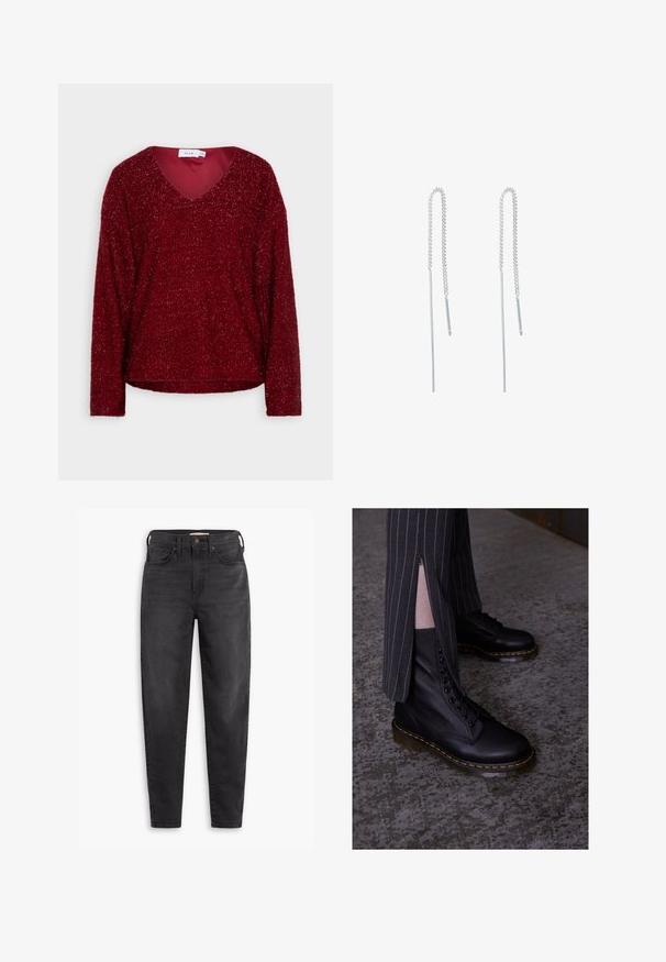 VILA VIMELISA V NECK - Svetrík - beet red; Čierne slim fit jeans s vysokým pásom, s prednými a zadnými vreckami, zapínaním na gombík a pútkami na opasok, zobrazené na bielom pozadí.; Čierne kožené šnurovacie topánky s textúrovaným povrchom, žltým šitím a pevným, priehľadným podpätkom. Skombinované s pruhovanými nohavicami s zipsami.; Strieborné náušnice na retiazke s predĺženým dizajnom, obsahujúce jemnú retiazku a rovné tenké prívesky na koncoch. Hladký povrch.