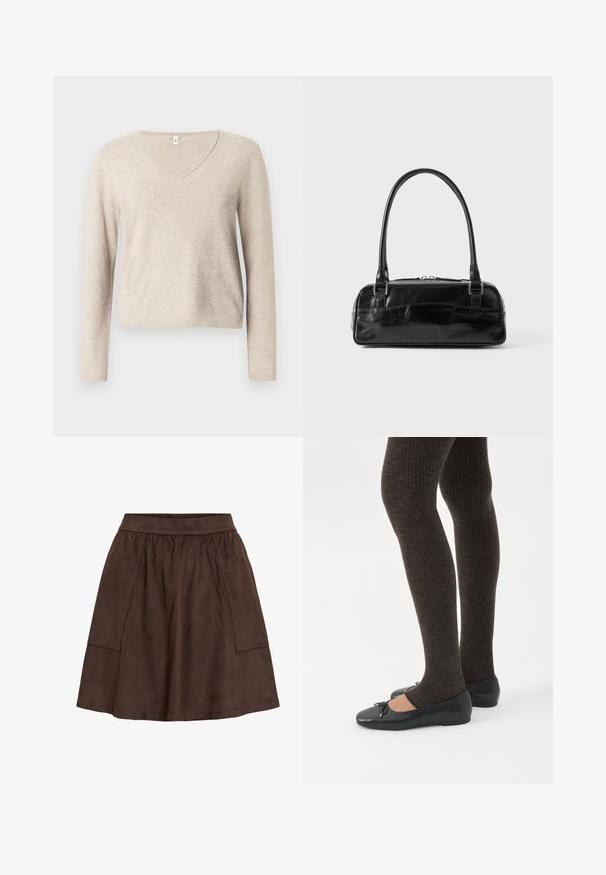 Suéter beige de cuello en V hecho de tela de punto suave con mangas largas, que presenta un ajuste relajado y dobladillo acanalado. Superficie texturizada con un ligero brillo.; Falda de ante marrón con cinturilla elástica, que cuenta con bolsillos laterales y diseño acampanado. Textura suave y largo hasta la rodilla.; Piernas con leggings oscuros acanalados combinados con bailarinas negras que presentan pequeños detalles de lazo sobre un fondo blanco.; Bolso de mano de cuero negro con forma rectangular, equipado con un asa estructurada, herrajes en plata y cierre de cremallera. Textura suave.