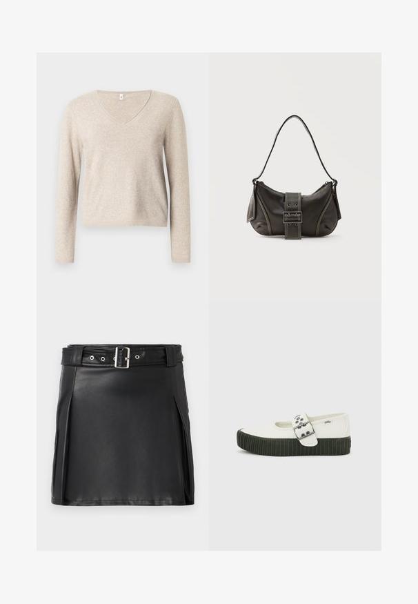 Beige v-hals sweater lavet af blødt strikket stof med lange ærmer, med en afslappet pasform og ribbet kant. Tekstureret overflade med let glans.; Sort faux læder mini nederdel med en tætsiddende pasform, sidesyninger og et bælte med en sølvfarvet spænde og øjne. Glat tekstur, høj talje.; Hvid Vans Mary Jane-sko med tyk sort ribbet sål og stor sølvspænde på en ensfarvet grå baggrund.; Sort læder skuldertaske med spænde på remmen, afrundede kanter og kontrasterende hvide syninger på en ensfarvet baggrund.